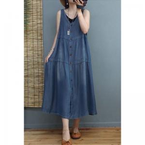 Button Down Loose Denim Dress Tencel Denim Sleeveless Dress