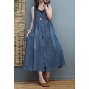 Button Down Loose Denim Dress Tencel Denim Sleeveless Dress