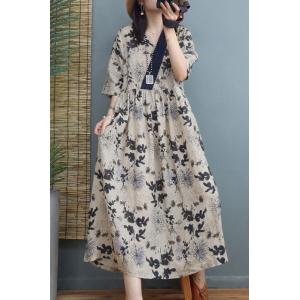 Black Flowers Printed Beach Dress Empire Waist Loose Flare Dress