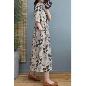 Black Flowers Printed Beach Dress Empire Waist Loose Flare Dress