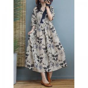 Black Flowers Printed Beach Dress Empire Waist Loose Flare Dress