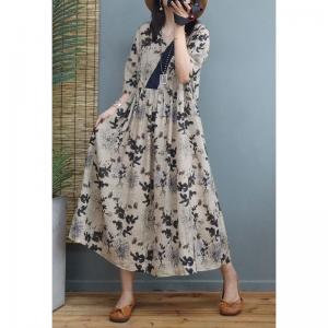 Black Flowers Printed Beach Dress Empire Waist Loose Flare Dress