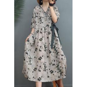 High-Waist Linen Wrap Dress Black Flowers Loose Front Tied Dress