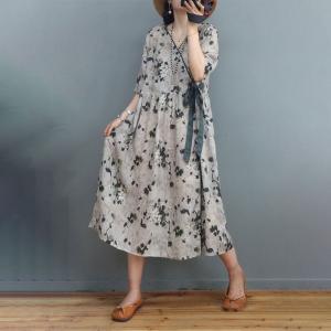 High-Waist Linen Wrap Dress Black Flowers Loose Front Tied Dress