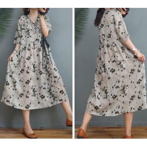 High-Waist Linen Wrap Dress Black Flowers Loose Front Tied Dress