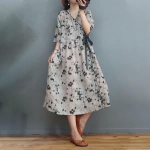 High-Waist Linen Wrap Dress Black Flowers Loose Front Tied Dress