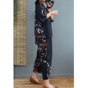 Little Daisy Prints Black Flax Clothing with Straight Legs Loose Pants