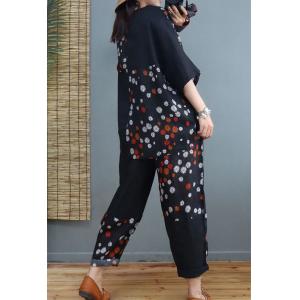 Little Daisy Prints Black Flax Clothing with Straight Legs Loose Pants