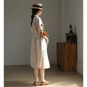 Polo Neck Beige Linen Midi Dress Loose Tied Shirt Dress