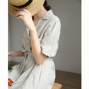 Polo Neck Beige Linen Midi Dress Loose Tied Shirt Dress