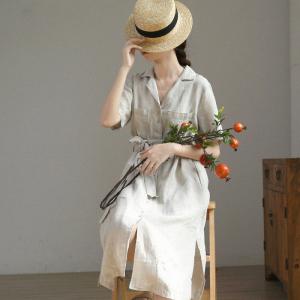 Polo Neck Beige Linen Midi Dress Loose Tied Shirt Dress