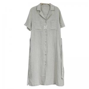 Polo Neck Beige Linen Midi Dress Loose Tied Shirt Dress