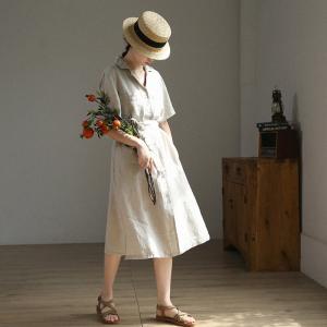 Polo Neck Beige Linen Midi Dress Loose Tied Shirt Dress