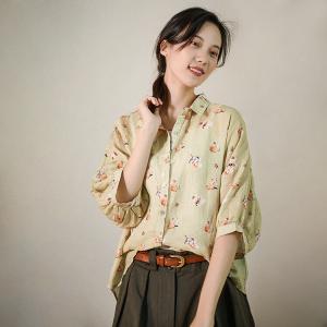 Summer Comfy Casual Shirt Linen Floral Blouse for Women