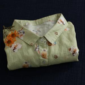 Summer Comfy Casual Shirt Linen Floral Blouse for Women