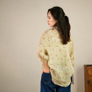 Summer Comfy Casual Shirt Linen Floral Blouse for Women