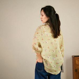 Summer Comfy Casual Shirt Linen Floral Blouse for Women