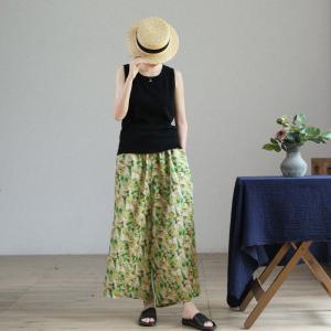 Drawstring Waist Printed Wide Leg Pants Womens Linen Ankle Pants