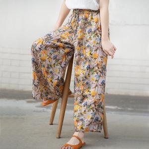 Drawstring Waist Printed Wide Leg Pants Womens Linen Ankle Pants