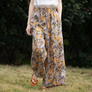 Drawstring Waist Printed Wide Leg Pants Womens Linen Ankle Pants