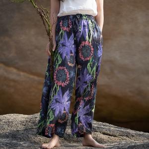 Drawstring Waist Printed Wide Leg Pants Womens Linen Ankle Pants