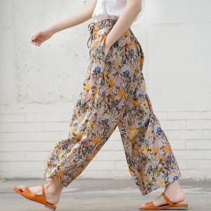 Drawstring Waist Printed Wide Leg Pants Womens Linen Ankle Pants