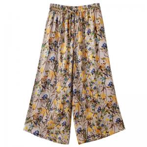 Drawstring Waist Printed Wide Leg Pants Womens Linen Ankle Pants