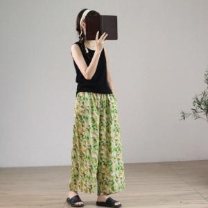 Drawstring Waist Printed Wide Leg Pants Womens Linen Ankle Pants