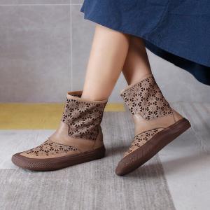 Boho Chic Flowers Holes Designer Boots Cowhide Leather Combat Boots