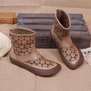 Boho Chic Flowers Holes Designer Boots Cowhide Leather Combat Boots