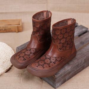 Boho Chic Flowers Holes Designer Boots Cowhide Leather Combat Boots