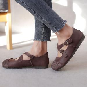 Cross Straps Leather Comfy Shoes Soft Granny Flat Sandals