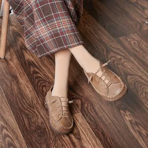 Super Soft Cowhide Granny Flats Lace Up Vintage Shoes