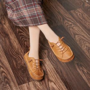 Super Soft Cowhide Granny Flats Lace Up Vintage Shoes