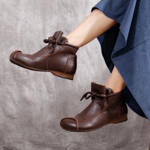 Strap Decoration Fashion Designer Boots Cowhide Leather Vintage Booties
