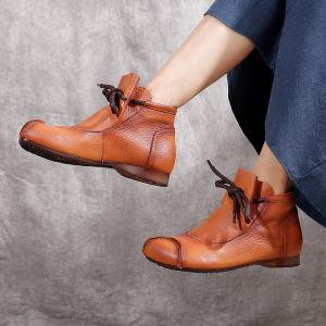 Strap Decoration Fashion Designer Boots Cowhide Leather Vintage Booties