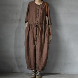 Drawstring Waist Plain Linen Jumpsuits Plus Size Flax Clothing