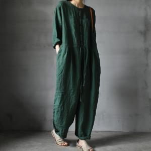 Drawstring Waist Plain Linen Jumpsuits Plus Size Flax Clothing