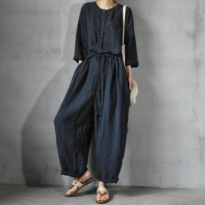 Drawstring Waist Plain Linen Jumpsuits Plus Size Flax Clothing