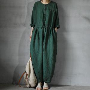 Drawstring Waist Plain Linen Jumpsuits Plus Size Flax Clothing