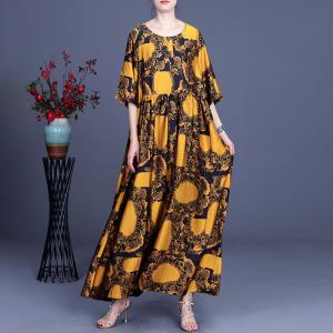 Golden Printed Silk Islamic Dress Empire Waist Modest Clothing