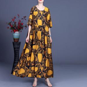 Golden Printed Silk Islamic Dress Empire Waist Modest Clothing