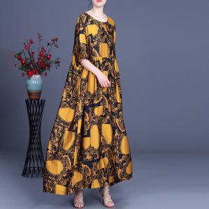 Golden Printed Silk Islamic Dress Empire Waist Modest Clothing