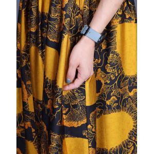 Golden Printed Silk Islamic Dress Empire Waist Modest Clothing