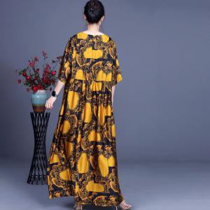 Golden Printed Silk Islamic Dress Empire Waist Modest Clothing