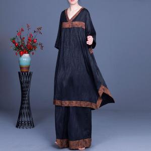 V-Neck Asymmetrical Black Loose Tunic with Palazzo Pants