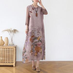 Button Decorations Printed Tie Front Dress Loose Ramie Chinese Cheongsam