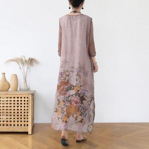 Button Decorations Printed Tie Front Dress Loose Ramie Chinese Cheongsam