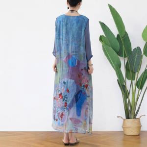 Silk Sleeve Printing Chinese Dress Midi Loose Shift Dress