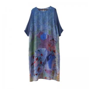 Silk Sleeve Printing Chinese Dress Midi Loose Shift Dress